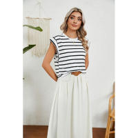 BUNO-2025 Tops para mujer, pantalón corto informal de moda de verano, camisetas básicas con textura a rayas de Color sólido y cuello redondo - details 88