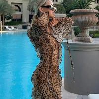 Vestido con volantes y estampado de leopardo para mujer, ropa ajustada de manga larga con cuello en V profundo, Sexy, a la moda - details 6