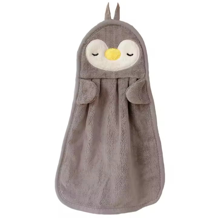 Toalla de mano colgante para bebé, toalla de mano absorbente, bonita, pingüino, pato, agradable para la piel, suave, gris - 1