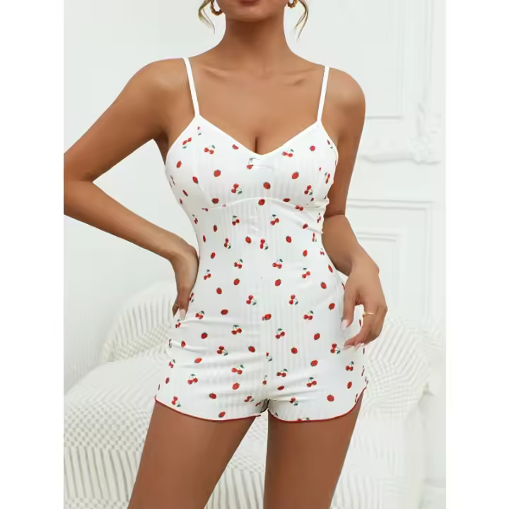 Pijama de Dulce Hilo Ligero Diseño de Impresión de Cereza Bonita Pantalones Cortos para Mujeres - 1