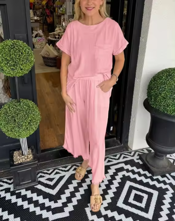 Conjunto de dos piezas de pantalones peludos de manga corta informal a la moda para mujer más vendidos de 2025 - 1