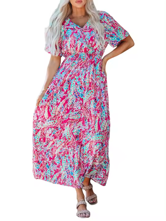 Elrachen Vestido largo floral para mujer con cuello en V y mangas onduladas, cintura alta, multicolor, tallas S-XL - 1