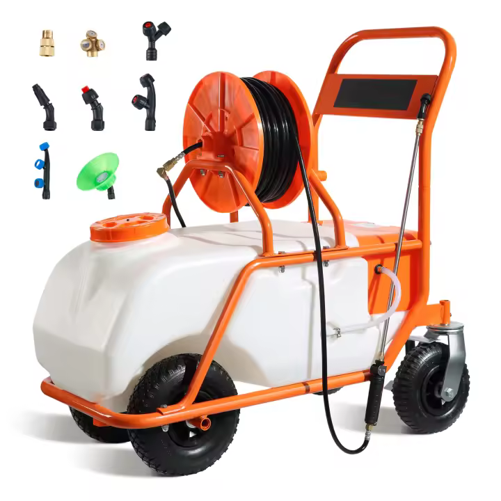 SucceBuy Pulverizador de césped 60L con ruedas Presión ajustable 0-90 PSI 8 boquillas 2 varillas Tapa de apertura amplia para deshierbe de jardín - 1