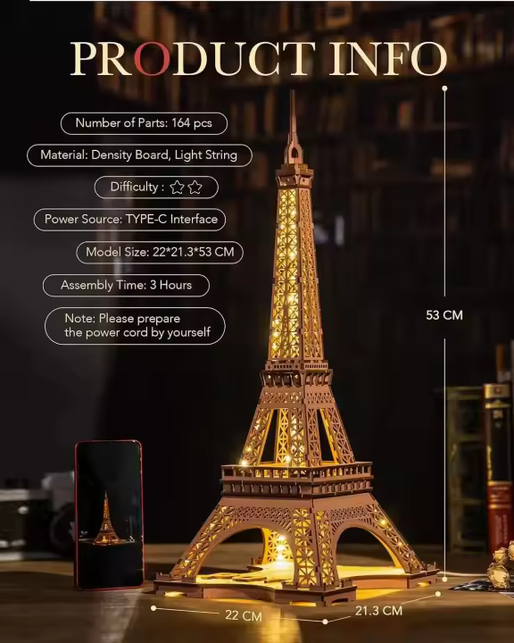 Robotime Kit de rompecabezas 3D de la Torre Eiffel con luces, kit de construcción de modelos de madera para adultos y niños - 1