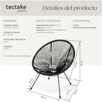 Conjunto de 2 Sillas Jardín Exterior Estilo Acapulco, Conjunto Sillas Terraza de Acero, Resistente a Intemperie, Hilos de Polietileno y Topes en Patas, Hasta 120kg, Interior/Exterior - negro - details 2