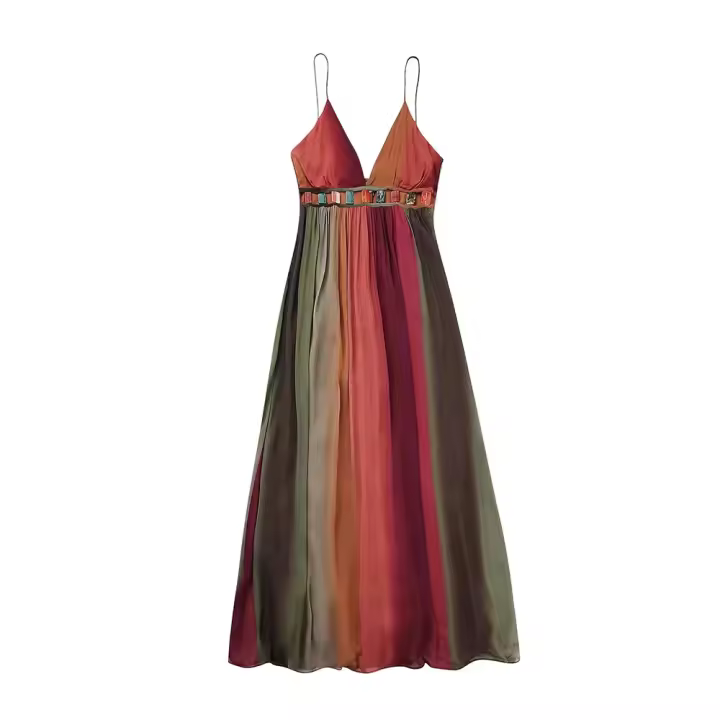 TRAFZA Vestido de noche con tirantes finos para mujer, vestido sexy de gasa con cuello en V profundo y estampado Tie Dye, moda de verano - 1