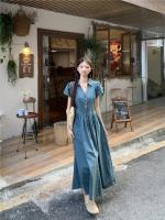 Vestido vaquero Vintage elegante con cuello en V, falda acampanada de longitud media, cintura alta coreana, manga corta, moda de verano para mujer - details 13