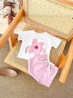 Ropa de bebé de verano Flor Sol Estampado de manga corta Pantalones cortos deportivos de color sólido Conjunto infantil - details 1