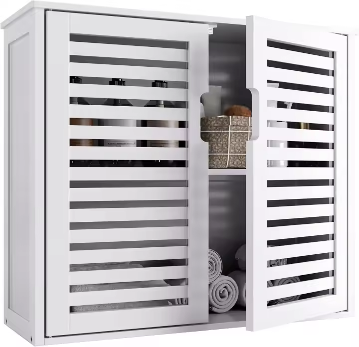 Armario de Baño de Pared con Puertas Muebles de Baño de Bambú Armario Colgante con Estante Ajustable Organizador de Almacenamiento de Ahorro de Espacio Sobre el Inodoro Blanco - 1
