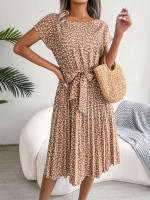 Spring Summer Women Short Sleeve Pleated Long Dress Elegant High Waist Floral Fashion A-line Dress - details 29