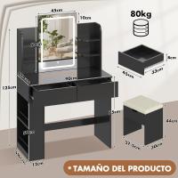 Tocador de Maquillaje con Luces LED, Brillo Ajustable, Mesa de Maquillaje con Espejo, con 2 Cajones Grandes y 4 Estantes Abiertos y Taquilla Lateral, Moderno, 90x40x135cm, Blanco - details 21