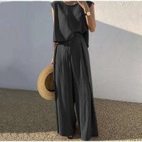 Conjunto de dos piezas de algodón para mujer, Tops informales sin mangas, pantalones de piernas anchas holgados, primavera y verano, 2024 - details 3