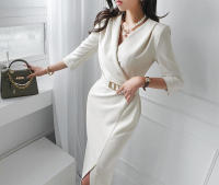 BGTEEVER-vestido ajustado elegante con cuello en V para mujer, vestido de tubo con cinturón de cintura delgada, moda de otoño - details 4