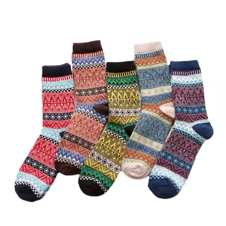 Calcetines de invierno de marca para hombre, calcetines gruesos de lana de estilo Retro, calcetines coloridos de moda para hombre para botas de nieve, 5 par/lote - 1