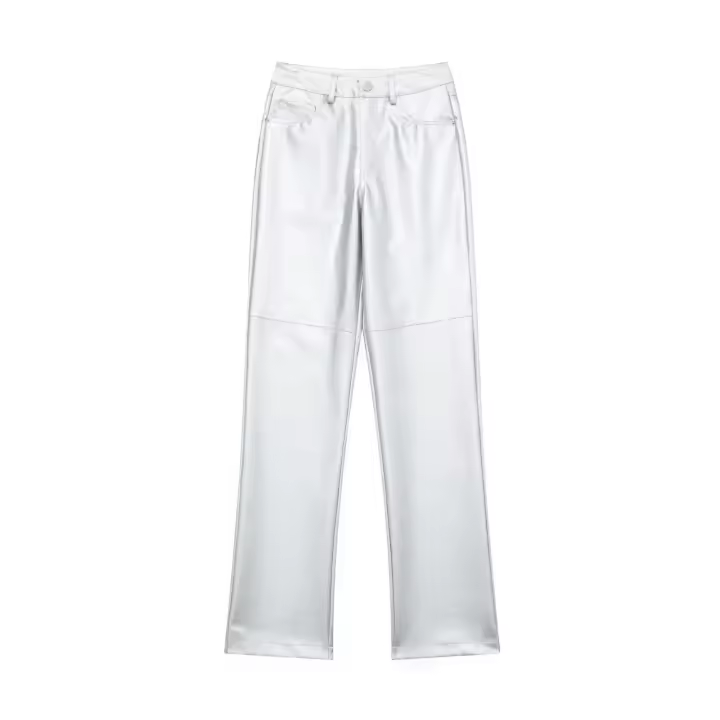 Pantalones rectos delgados con cremallera de cintura alta de cuero PU plateado para mujer, a la moda - 1