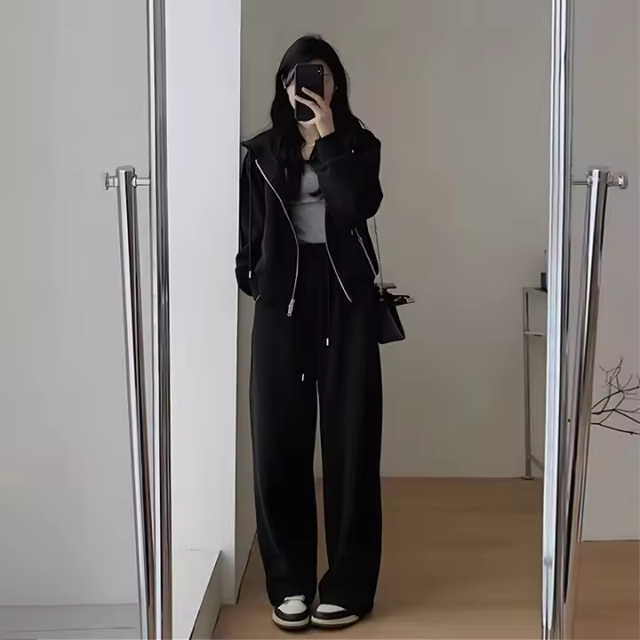 Conjunto Deportivo de Capucha Casual para Mujer Pantalones de Pierna Ancha Viscosa Moda Coreana - 1