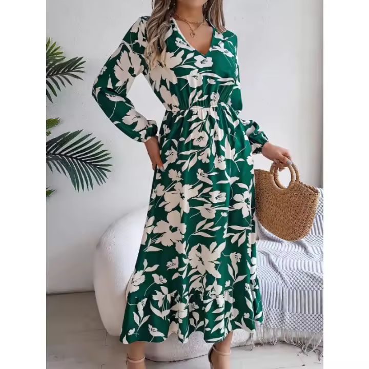 Vestido casual de manga larga con volantes para mujer, cintura de flores, otoño e invierno - 1