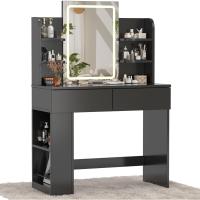 Tocador de Maquillaje con Luces LED, Brillo Ajustable, Mesa de Maquillaje con Espejo, con 2 Cajones Grandes y 4 Estantes Abiertos y Taquilla Lateral, Moderno, 90x40x135cm, Blanco - details 13
