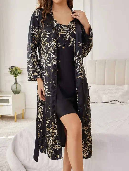 Conjunto de traje casual floral de satén de seda, bata con cinturilla, pijama, conjunto de ropa de dormir de dos piezas para todas las estaciones - 1