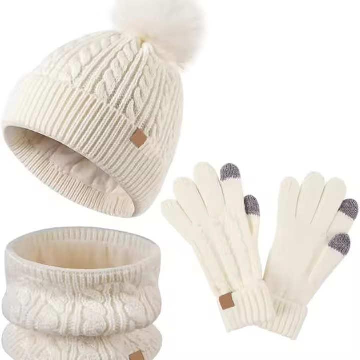 Conjunto de Bufanda, Gorro y Guantes, Invierno Cálido, Pom, Lana Sin Borde, Wee, Sombrero - 1