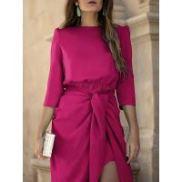 BUNO-Vestido Irregular elegante con cordones para mujer, vestido sencillo de cintura alta con temperamento liso, vestido plisado de media manga con cuello redondo OL，Vestido de noche para mujer, rojo, con mangas tres cuartos, elegante. - details 1