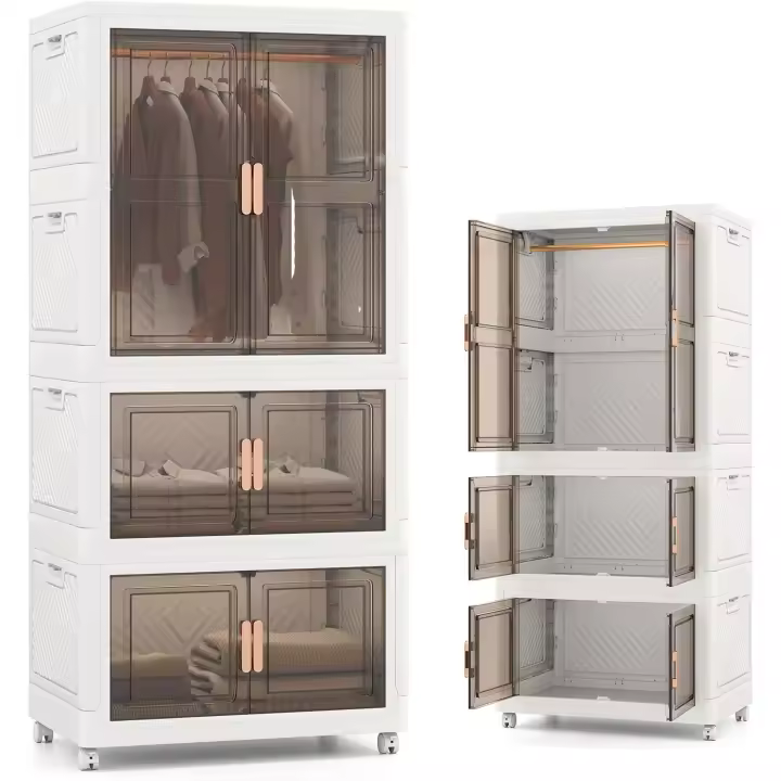 Armario de Dormitorio Plegable 421 L, Caja de Almacenamiento con 4 Ruedas, Contenedor de Plástico con 10 Perchas, Organizador Portátil con Cierres Magnéticos, 71 x 46 x 156 cm - 1