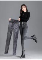 Pantalones vaqueros térmicos de lana gruesa para mujer, Vaqueros ajustados cálidos de cintura alta, pantalones pitillo con botones elásticos, pantalones vaqueros informales de terciopelo para mamá - details 10