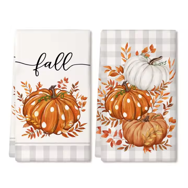 Juego de toallas de cocina de 2 piezas, paño de secado para platos, naranja, calabaza, gris, otoño - 1