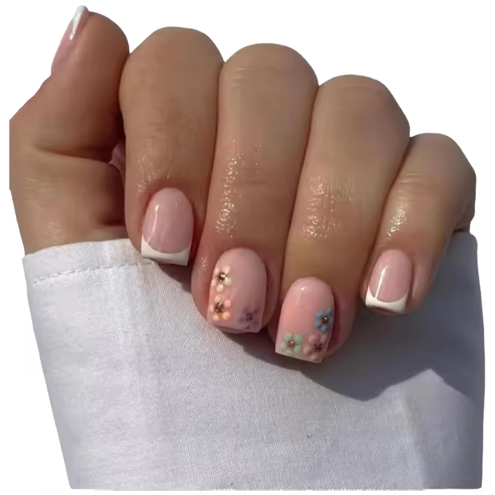 Uñas Postizas Cortas Florales Multicolor Patrón Cuadrado, Diseño de Flor, Uñas Postizas Blancas Medianas - 1