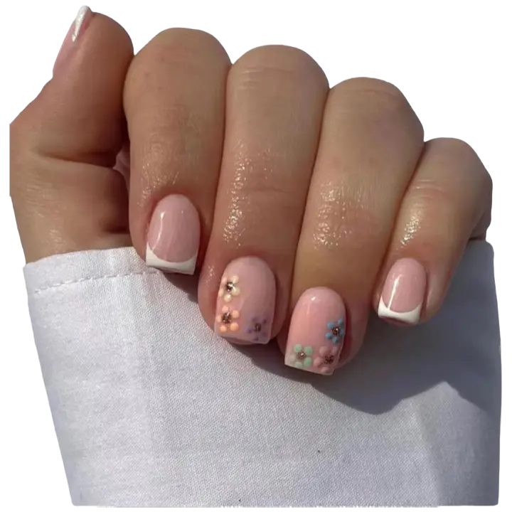 Uñas Postizas Cortas Florales Multicolor Patrón Cuadrado, Diseño de Flor, Uñas Postizas Blancas Medianas - 1