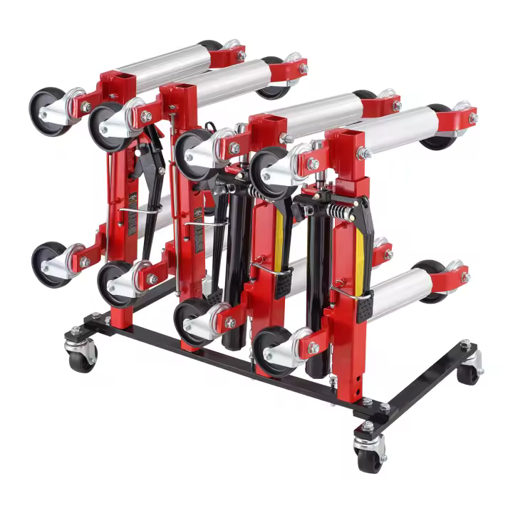 SucceBuy Porta carritos para coche, 360 °   Ruedas giratorias, trinquete hidráulico, capacidad para 4 plataformas rodantes, soporte de almacenamiento resistente para plataformas rodantes - 1