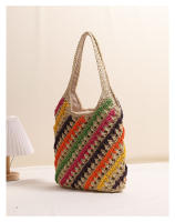 Bolso de paja de un solo hombro con rayas coloridas, bolso tejido hueco, estilo de vacaciones, bolso de playa, bolso casual para mujeres - details 6