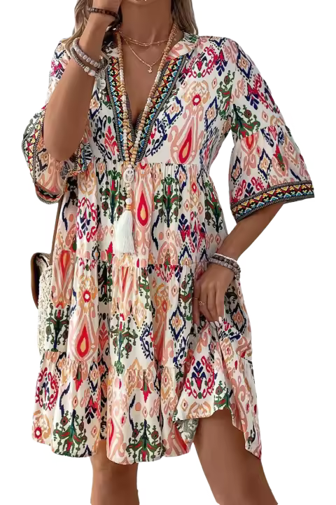 Elrachen Mini vestido de mujer con estampado bohemio y cuello en V con manga pulsera, multicolor, tallas S-XL - 1