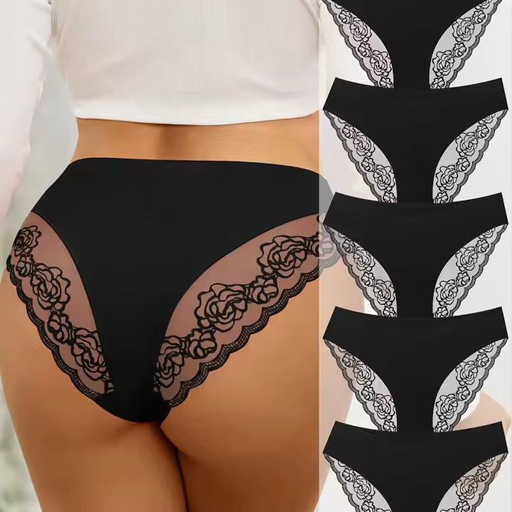 5 piezas de bragas elegantes para mujer, talla grande, encaje en contraste, cintura baja, bragas invisibles - 1