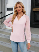 Camiseta holgada de manga larga para mujer, blusa informal de Color liso con costura de encaje y cuello en V, moda de primavera y otoño, 2023 - details 8