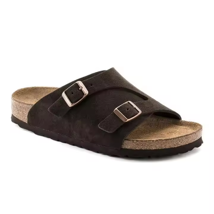 BK Birkenneth Zapatillas de forro polar para hombres y mujeres, zapatos planos de corcho con doble botonadura, prendas de vestir, zapatos de piel de vaca - 1