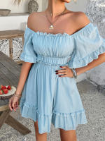 2025 primavera y verano estilo de vacaciones de ocio europeo y americano color sólido borde de hongo vestido de manga corta falda corta para mujer - details 15
