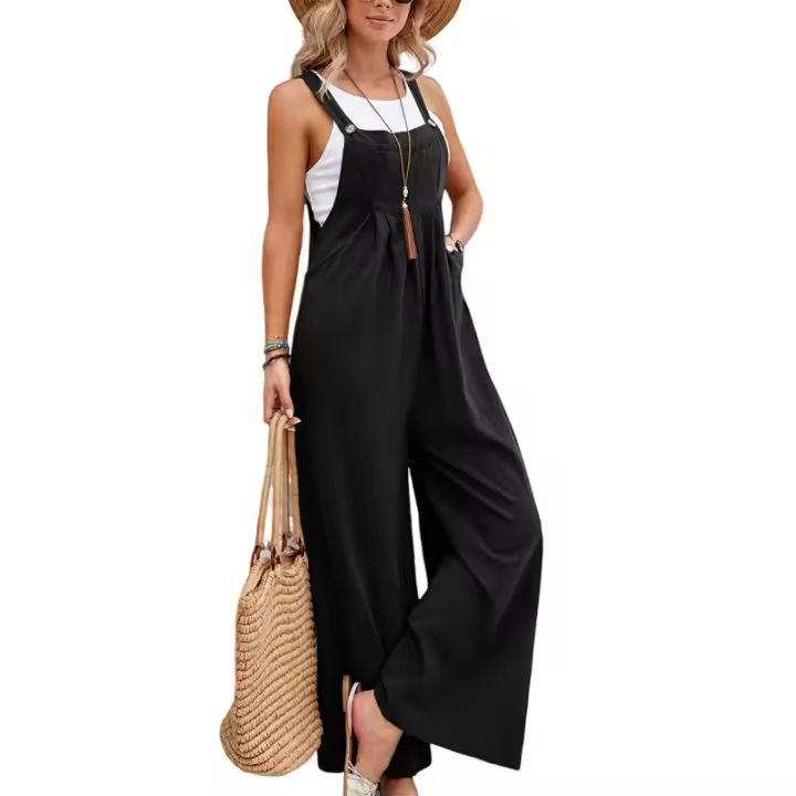 Mono informal de verano sin mangas, cuentas anchas para mujer, pantalones de color claro, circunferencia del pecho, mono con bolsillos - 1