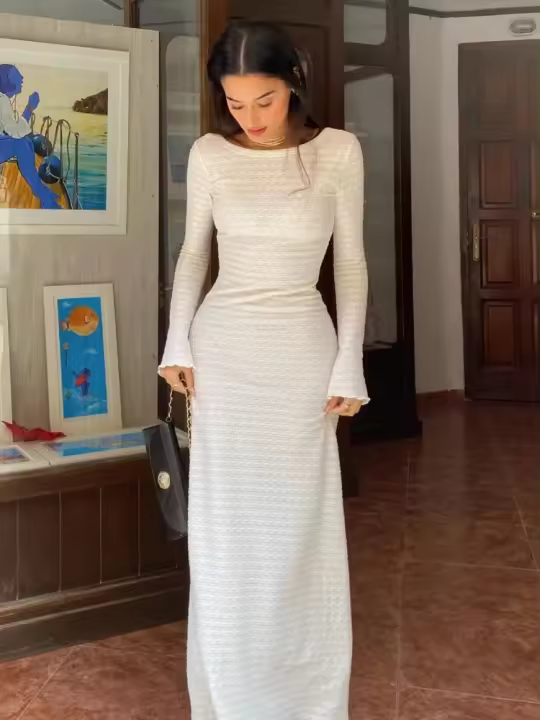 Falda de punto con cuello redondo para mujer, ropa de calle de manga larga, 2024 - 1