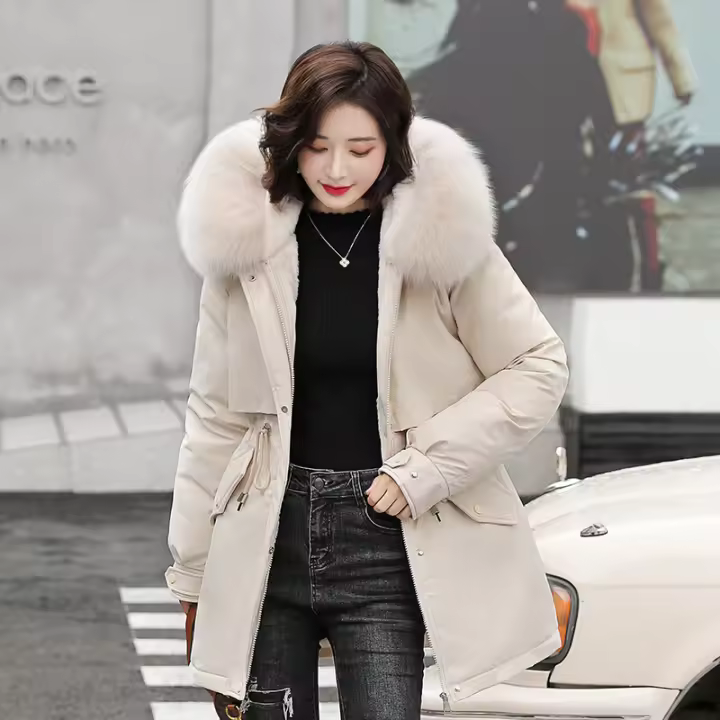 Parka larga con forro de lana para mujer, Abrigo con capucha, chaqueta delgada con Cuello de piel, ropa de nieve cálida, ropa acolchada, invierno, 2022 - 1