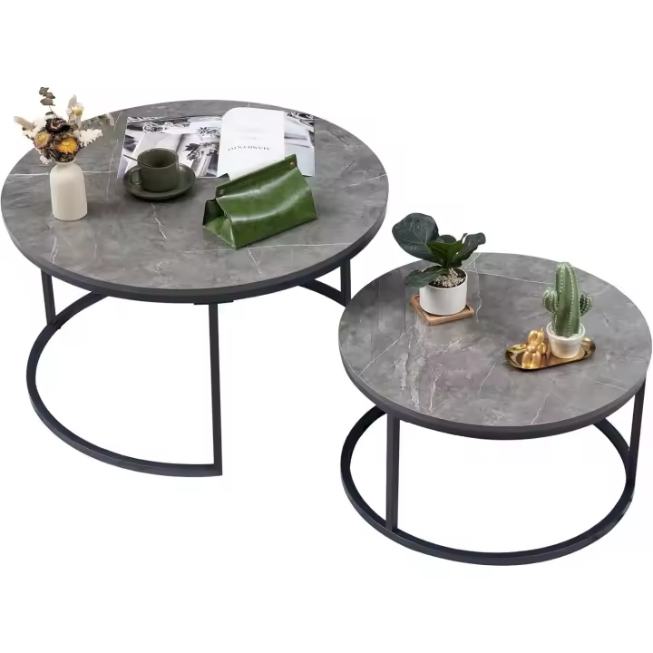 mármol Gris Oscuro con Estructura de Metal Negro, Mesa Auxiliar Redonda para salón, Dormitorio, balcón - 1