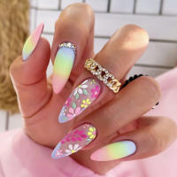 Falsas Uñas de Almendra con Patrón de Flor Colorida Fácil de Quitar, Pegamento Seguro para Compras, Viajes, Fiestas - details 3