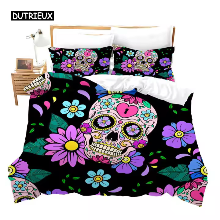 Funda de Duvet de Calavera de Azúcar de Lujo Gótico Conjunto de Cama de Esqueleto para Niñas, Niños, Adolescentes Tema de Halloween Floral - 1