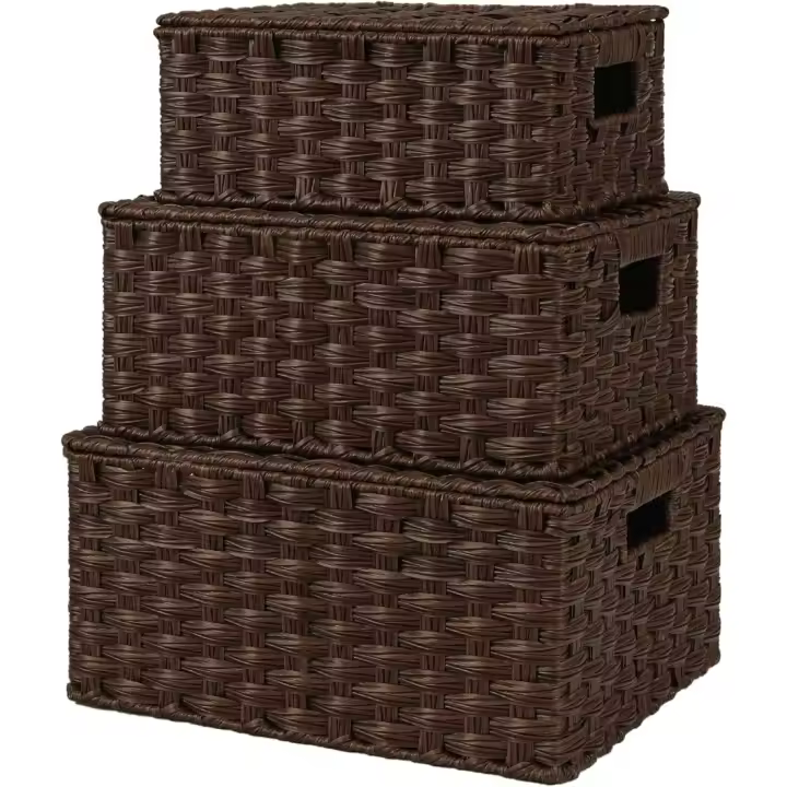36f. x 29 años. x 18al. centímetros Cestas de almacenamiento con tapa, paquete de 3 cestas organizadoras rectangulares, cestos de mimbre de decoración, cajas de mimbre tejido apilables para armarios de cocina, baño, estante, marrón - 1