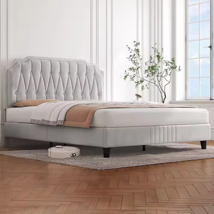 Tapizado en terciopelo Cama de matrimonio con cabecera ajustable en altura Marco de cama Soporte con listones de madera 160 × 200 cm Beige - 1