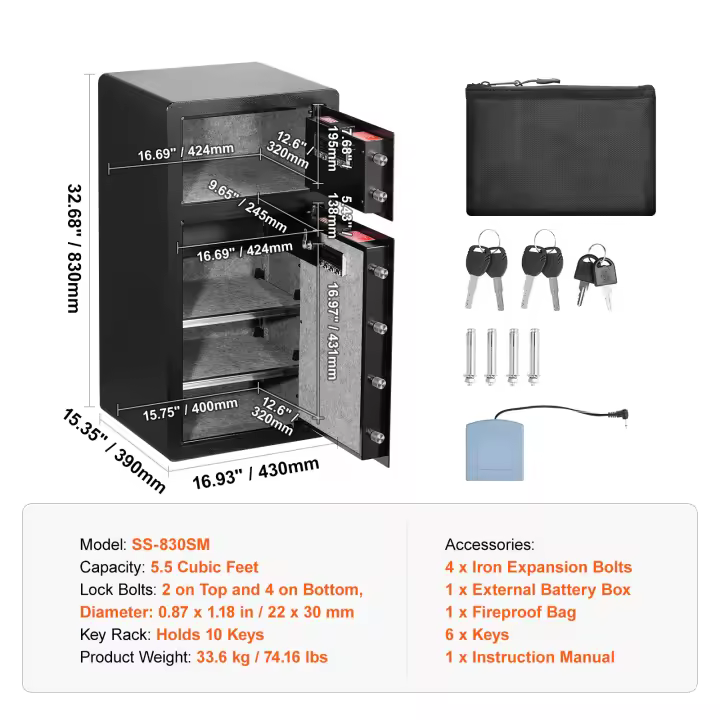 SucceBuy Caja de seguridad de doble puerta, negra, con cerradura con llave y protección con contraseña, luz LED, llavero, bolsa ignífuga - 1