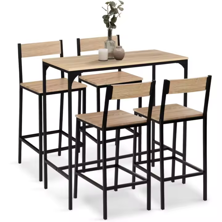 Mesa alta de bar Detroit de 100 cm y 4 sillas de bar de diseño industrial - 1