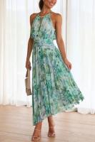 Vestido Largo Estampado Verde para Mujer Elegante sin Mangas con Cuello Halter para Fiesta Nocturna y Club Nocturno - details 2