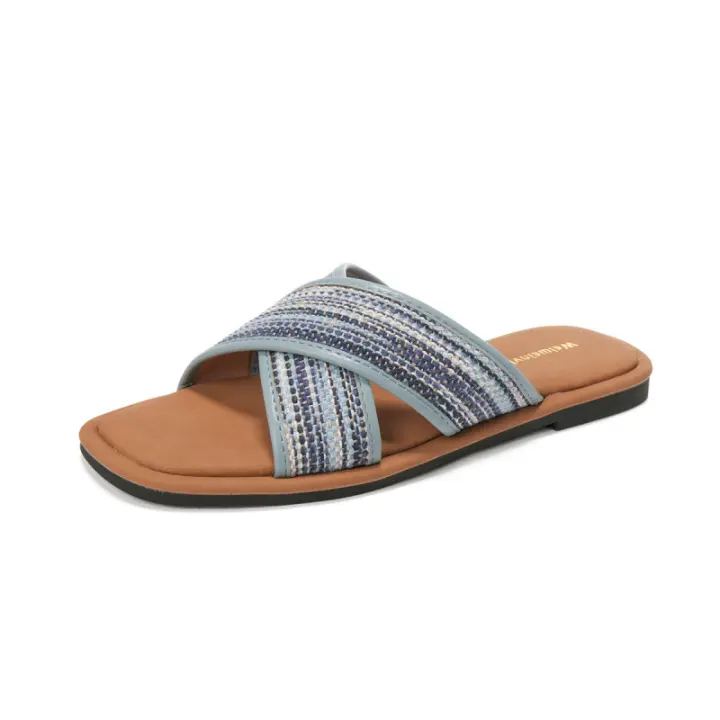 Sandalias retro de suela plana tejida con tiras cruzadas para mujer, diseño de nicho para exteriores de verano. - 1