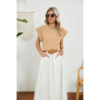 BUNO-2025 Tops para mujer, pantalón corto informal de moda de verano, camisetas básicas con textura a rayas de Color sólido y cuello redondo - details 14